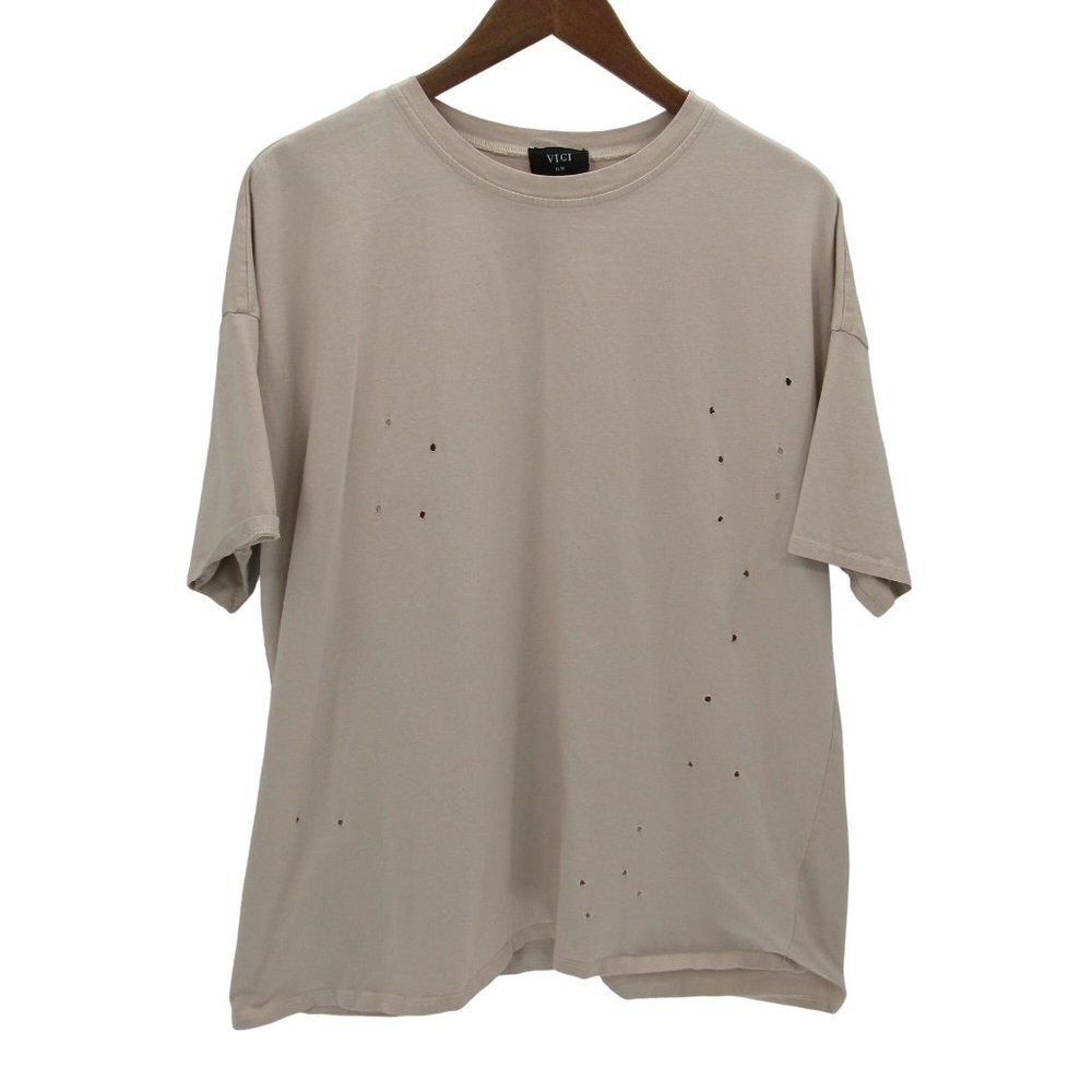 VICI Womens Distressed T-Shirt Size S/M Tan Short Sleeve Crew Neck 100% Cotton